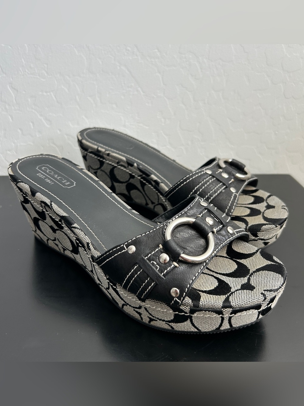 Y2K Coach Janeesa Wedge Sandals with Signature C Pattern and Silver Hardware